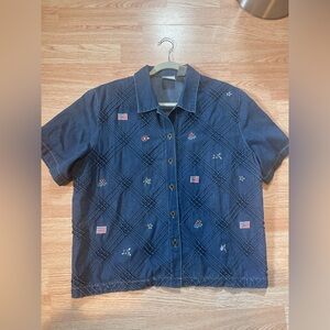Vintage‎ Denim Jean Button Up Blouse Size XL American Flag